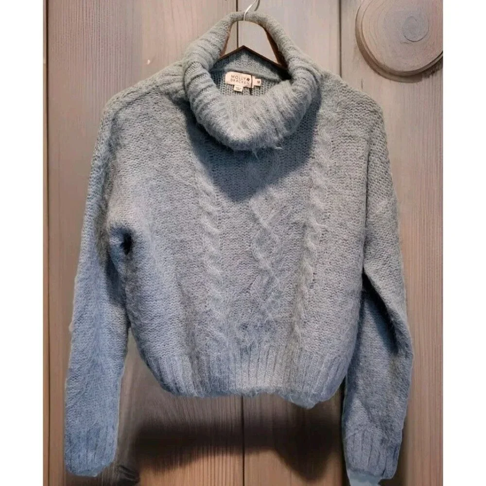 New Molly Bracken Ice Blue Cowl Neck Fluffy Cropped Sweater Sz M - Picture 1 of 7